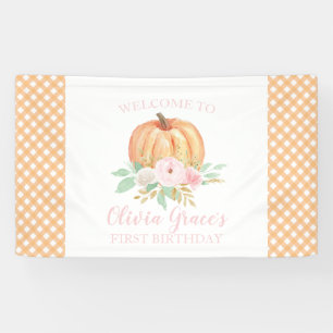 Little Pumpkin First Birthday pink floral plaid Banner