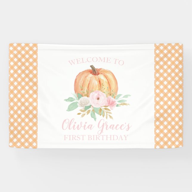 Little Pumpkin First Birthday pink floral plaid Banner (Horizontal)