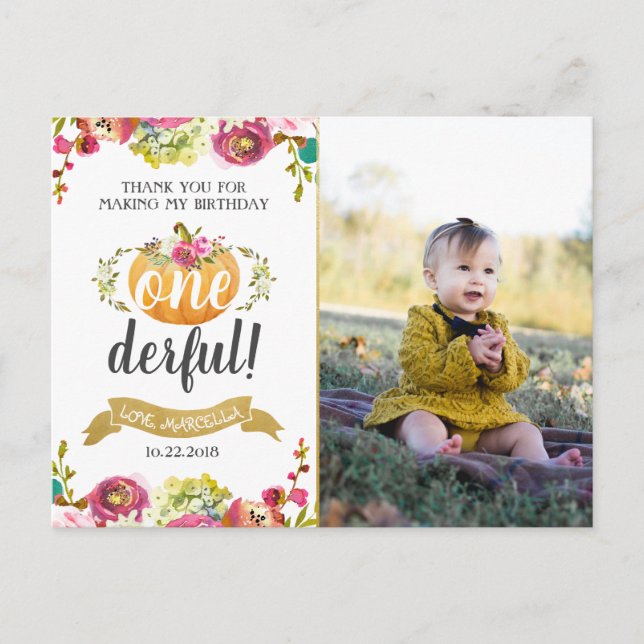 Little Pumpkin First Birthday Thank You Postcard (Front)