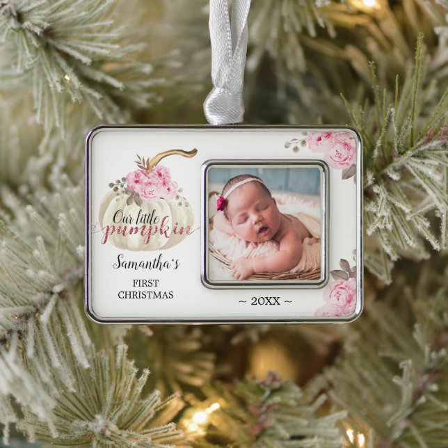 Little Pumpkin First Christmas Pink Floral Photo Silver Plated Framed Ornament (Tree)