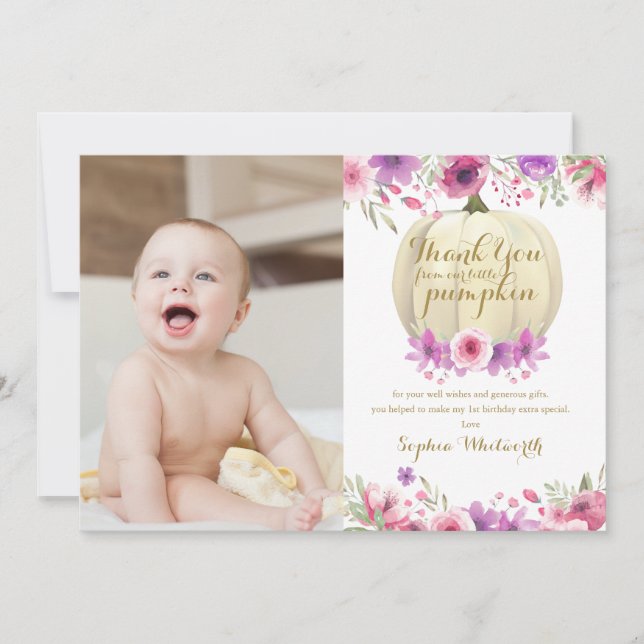 Little Pumpkin Floral 1st Birthday Photo Thank You Card (Front)