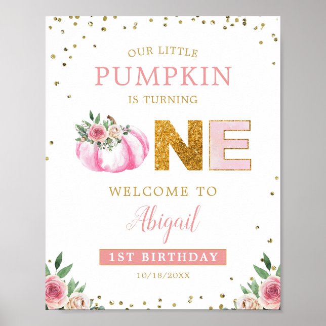Little Pumpkin Floral 1st Birthday Welcome Sign (Front)