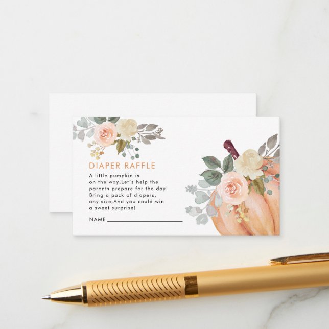 Little Pumpkin Floral Baby Shower Diaper Raffle Enclosure Card (Front/Back In Situ)