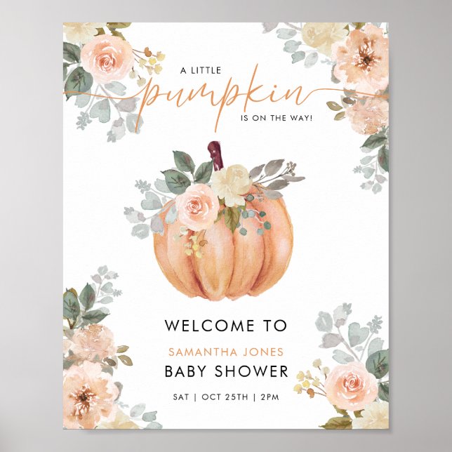 Little Pumpkin Floral Baby Shower Welcome Sign (Front)