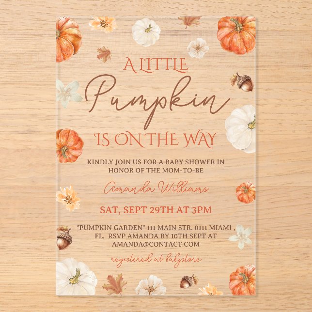 Little Pumpkin Floral Fall Baby Shower Acrylic Invitations (Front)