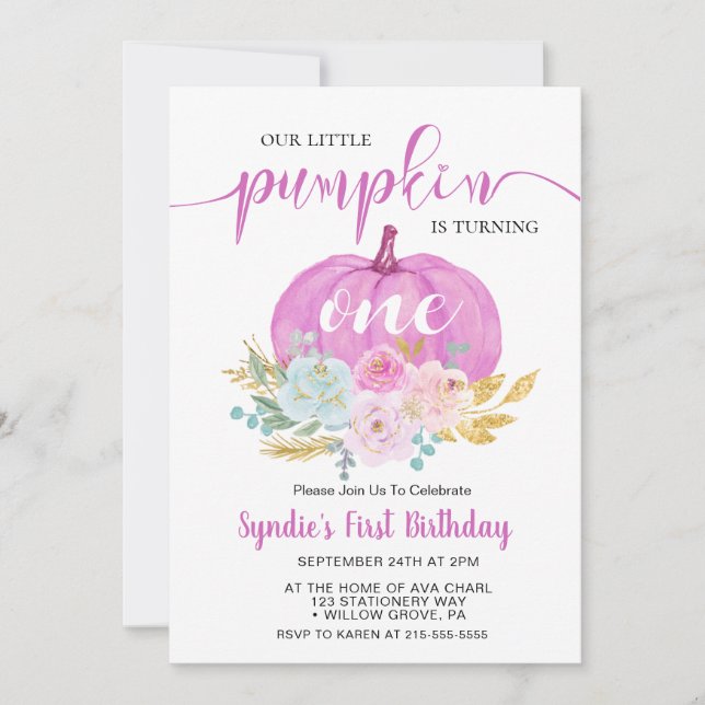 Little Pumpkin Floral First Birthday Invitation (Front)