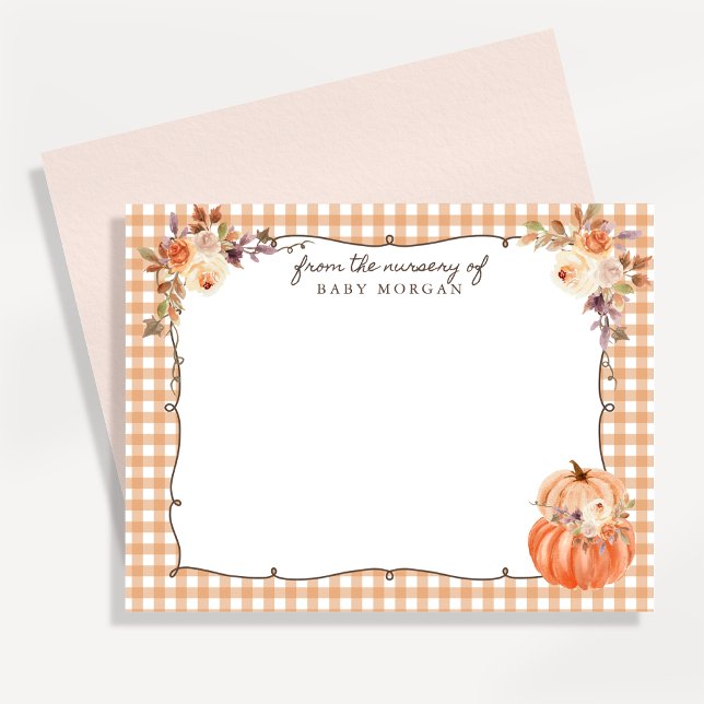 Little Pumpkin Floral Gingham Nursery Note Card (Creator Uploaded)