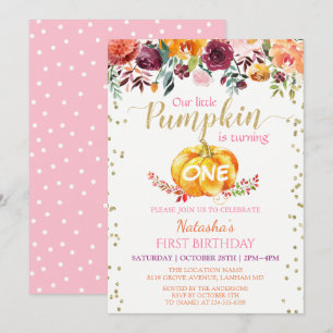Little Pumpkin Floral Girl Baby 1st Birthday Party Invitation