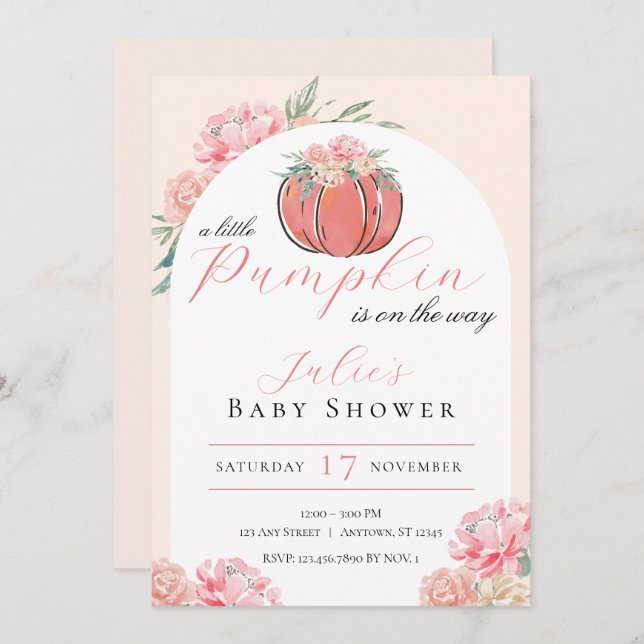 Little Pumpkin Floral Girl Baby Shower Invitation (Front/Back)