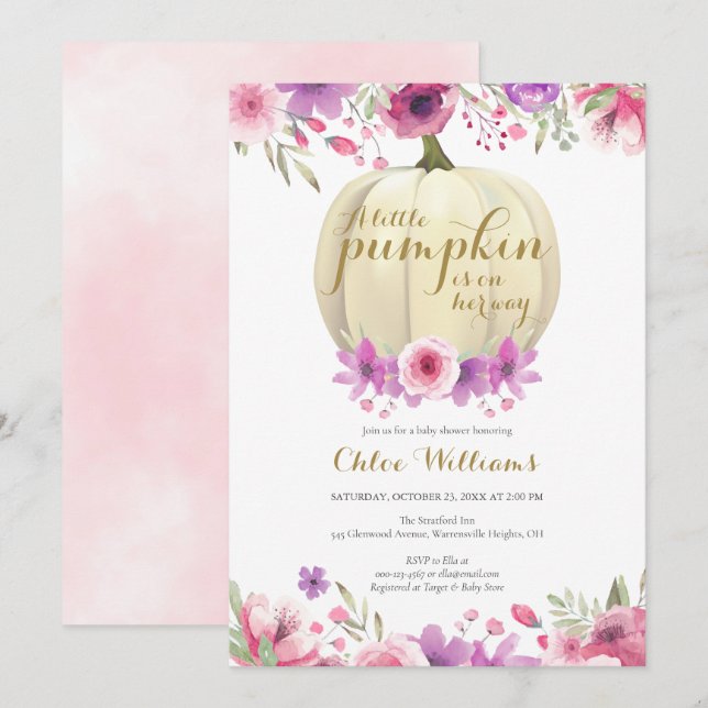 Little Pumpkin Floral Girl Baby Shower Invitation (Front/Back)