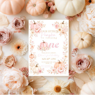 Little Pumpkin Floral Girl Fall 1st First Birthday Invitation