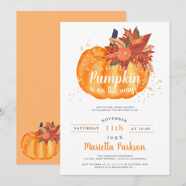 Little pumpkin floral orange fall baby shower invitation (Front/Back)