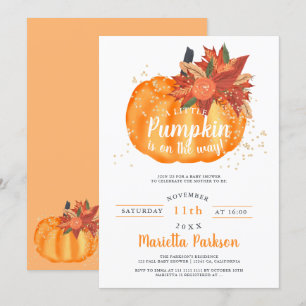 Little pumpkin floral orange fall baby shower invitation