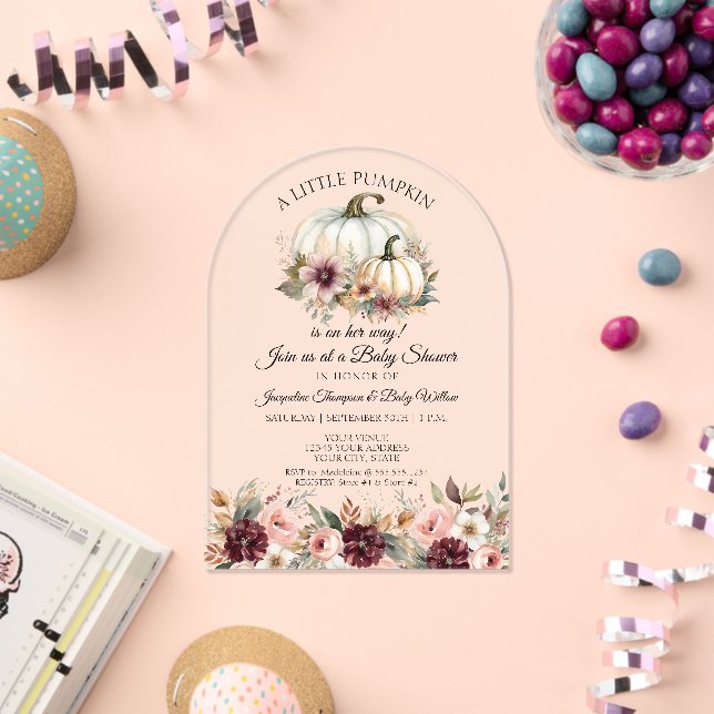 Little Pumpkin Floral Roses Burgundy Baby Shower Acrylic Invitations (Insitu (Celebration))