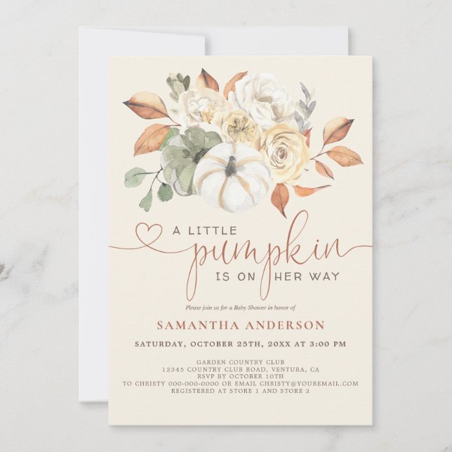 Little Pumpkin Floral Watercolor Baby Girl Shower Invitation (Front)