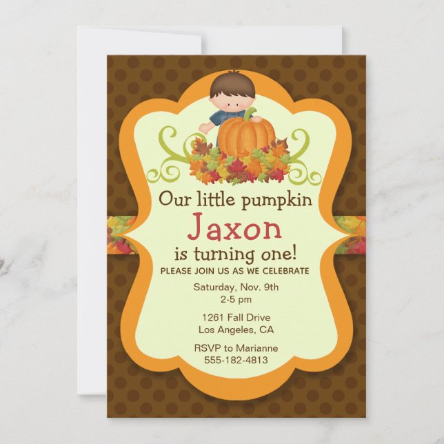 Little Pumpkin Folk Art Boys Fall Birthday Invite (Front)