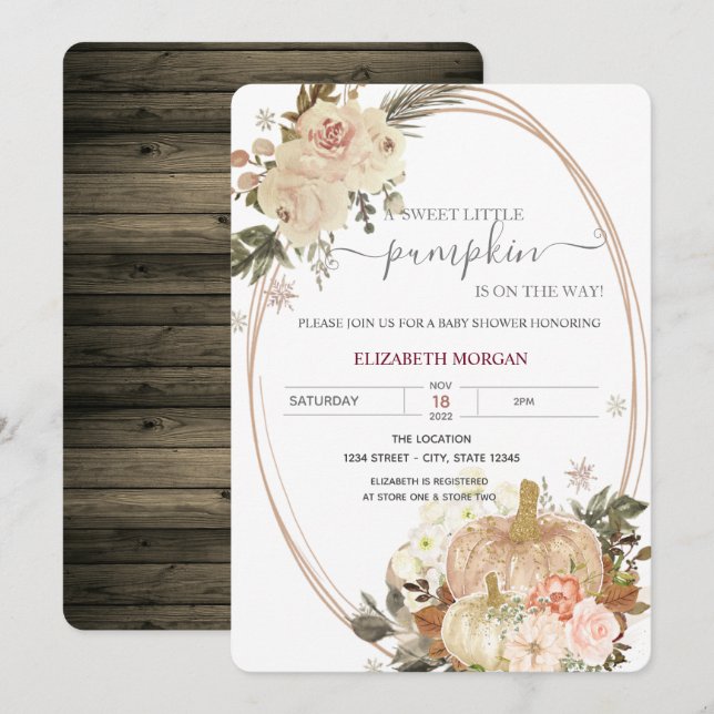  Little Pumpkin Frame Flowers Wood Baby Shower   Invitation (Front/Back)