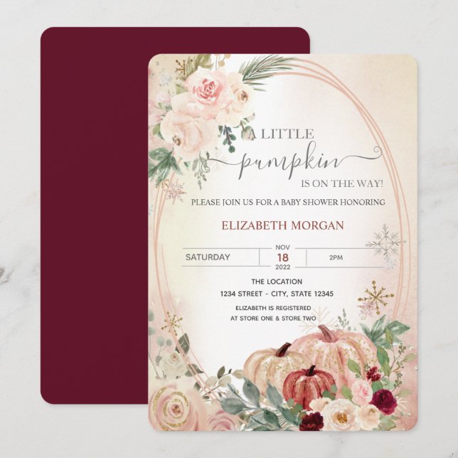 Little Pumpkin Frame Roses Burgundy Baby Shower    Invitation (Front/Back)