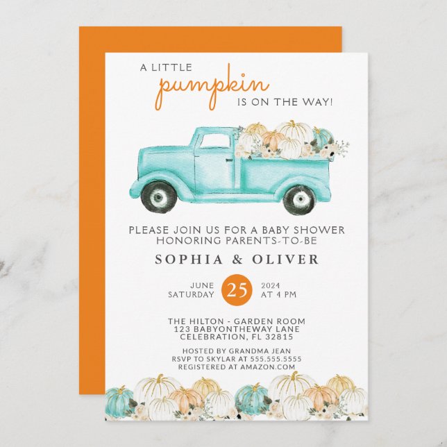Little Pumpkin Gender Neutral Couples Baby Shower Invitation (Front/Back)