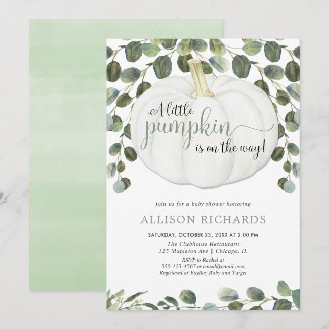 Little pumpkin gender neutral greenery baby shower invitation (Front/Back)