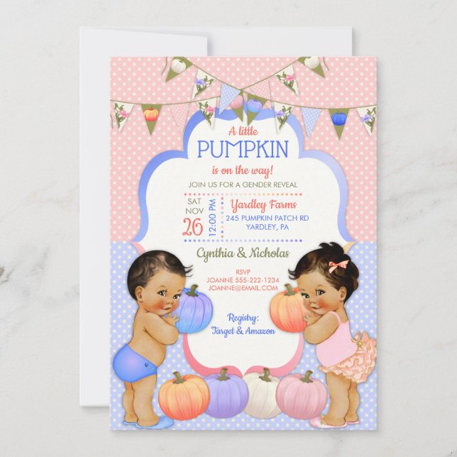 Little Pumpkin Gender Reveal Medium Brunette Invitation (Front)