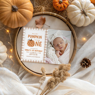 Little Pumpkin Gingham Photo 1st Birthday Invite