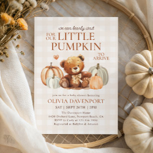 Little Pumpkin Gingham Teddy Bear Fall Baby Shower Invitation