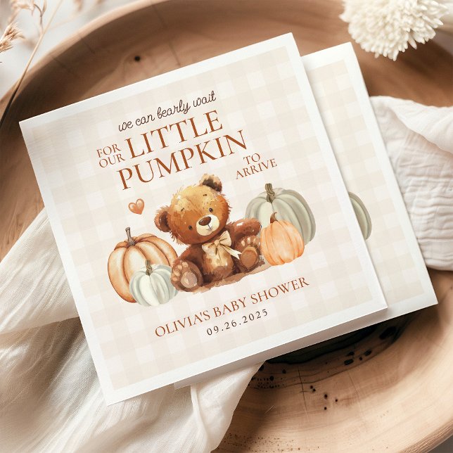 Little Pumpkin Gingham Teddy Bear Fall Baby Shower Napkin (Creator Uploaded)