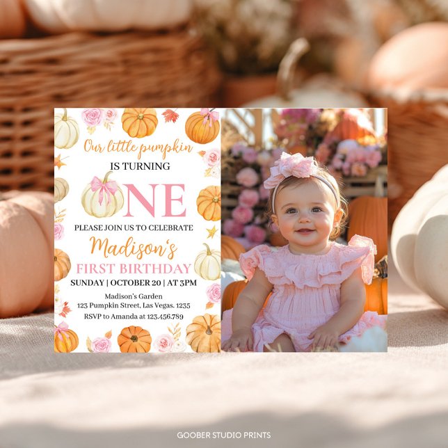 Little Pumpkin Girl 1st Birthday Photo Invitation (Creator Uploaded)