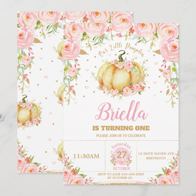 Little Pumpkin Girl 1st Birthday Pink Floral Blush Invitation (Front/Back)