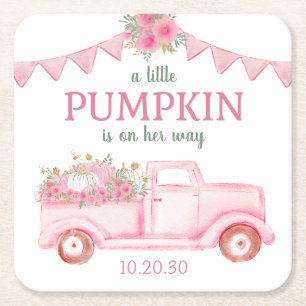 Little Pumpkin Girl Baby Shower Square Paper Coaster