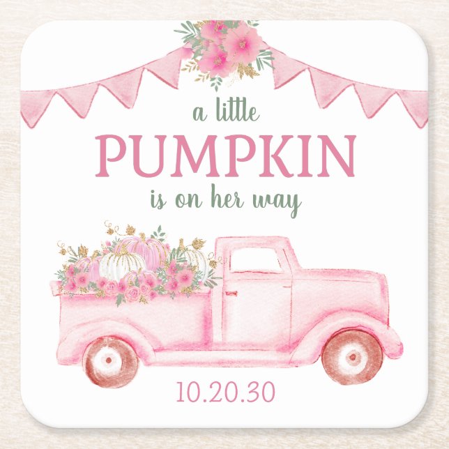 Little Pumpkin Girl Baby Shower Square Paper Coaster (Front)