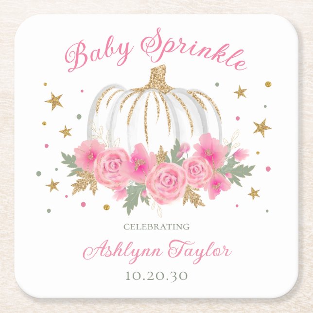 Little Pumpkin Girl Baby Sprinkle Square Paper Coaster (Front)