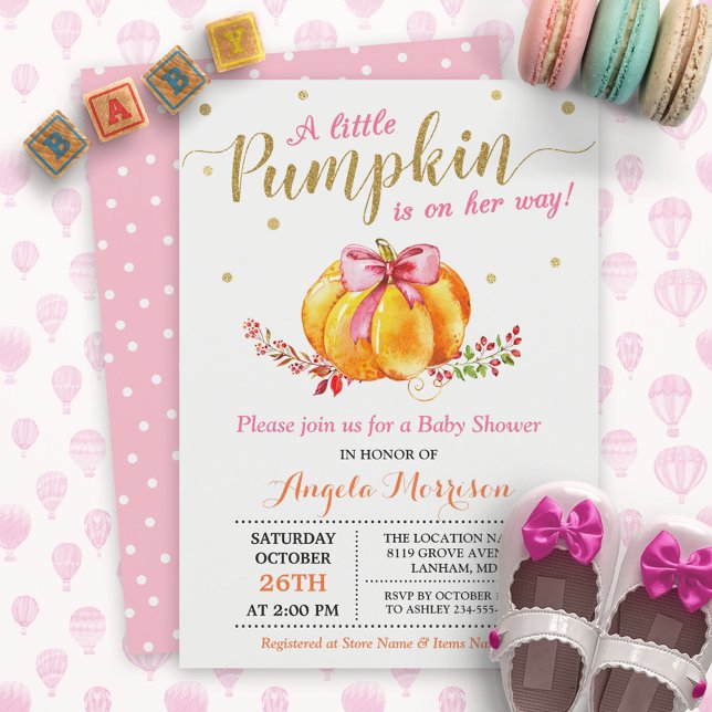 Little Pumpkin Girl Gold Pink Fall Baby Shower Invitation (Creator Uploaded)