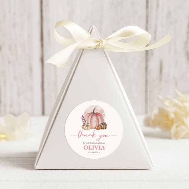 Little Pumpkin Girl Pink Baby Shower Thank You Classic Round Sticker (Creator Uploaded)