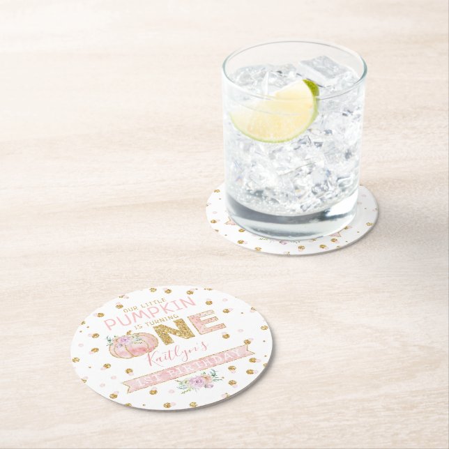 Little Pumpkin Girls 1st Birthday Round Paper Coaster (Insitu)