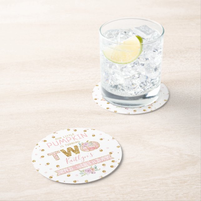 Little Pumpkin Girls 2nd Birthday Round Paper Coaster (Insitu)