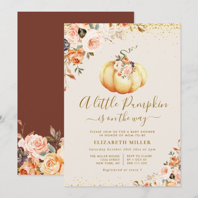 little pumpkin gold and blush floral baby shower invitation (Front/Back)