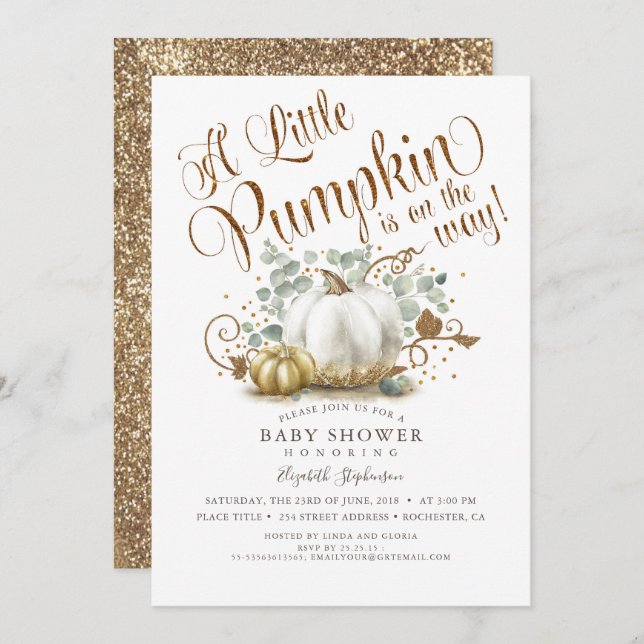 Little Pumpkin Gold Glitters Fall Baby Shower Invitation (Front/Back)