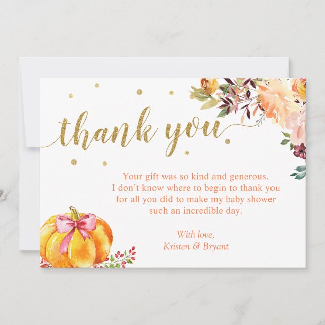 Little Pumpkin Gold Glitters Fall Girl Baby Shower Thank You Card (Front)