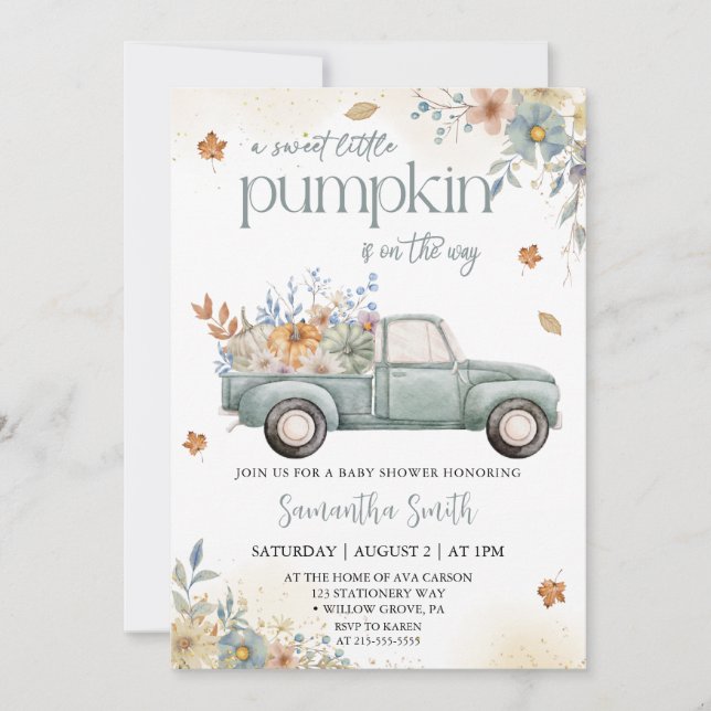 Little pumpkin green Truck fall autumn baby shower Invitation (Front)