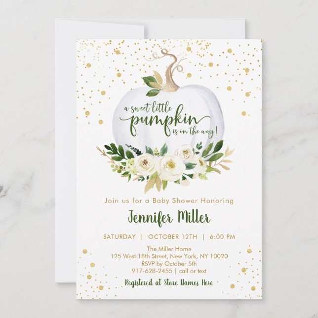 Little Pumpkin Greenery Gold Baby Shower Invitation (Front)