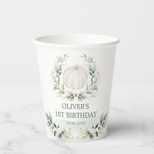 Little Pumpkin Greenery Gold Boy Fall 1st Birthday Paper Cups (Front)