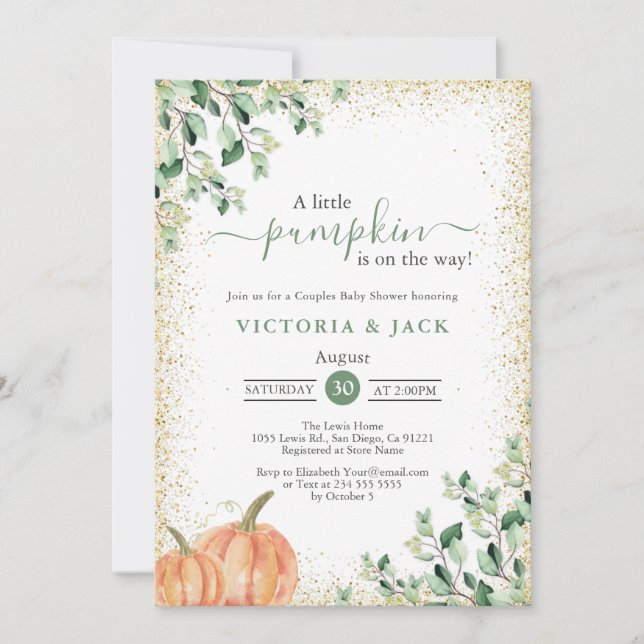 Little Pumpkin Greenery Gold Fall Baby Shower Invitation (Front)