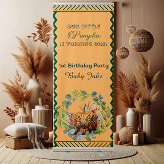 Little Pumpkin Greenery Wreath Fall foliage Peach Retractable Banner
