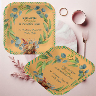 Little Pumpkin Greenery Wreath Fall Pumpkin Peach  Paper Plate