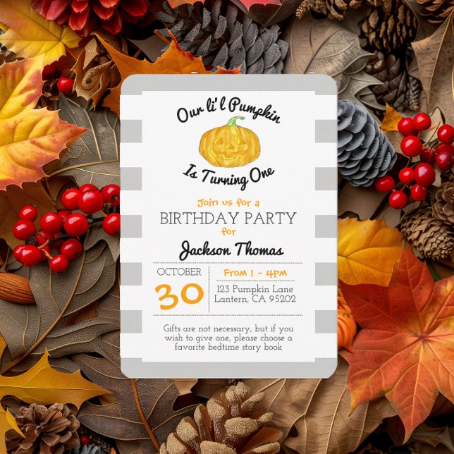 Little Pumpkin Grey Stripe Child Birthday Small Invitation (Creator Uploaded)