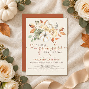 Little Pumpkin Is On Her Way Fall Baby Shower Invitation