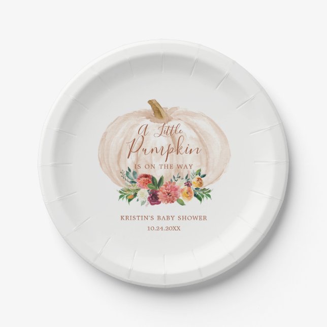 Little Pumpkin Is On The Way Baby Shower Paper Plate (Front)