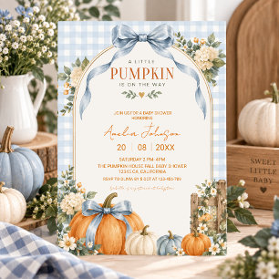 Little Pumpkin Is On The Way Blue Baby Shower Invitation